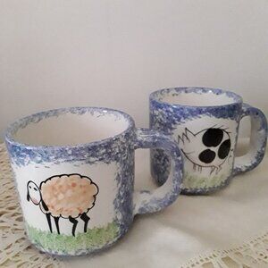 Set of Ceramic Hand painted Mugs - Made in Italy - Featuring a Sheep and a Pig